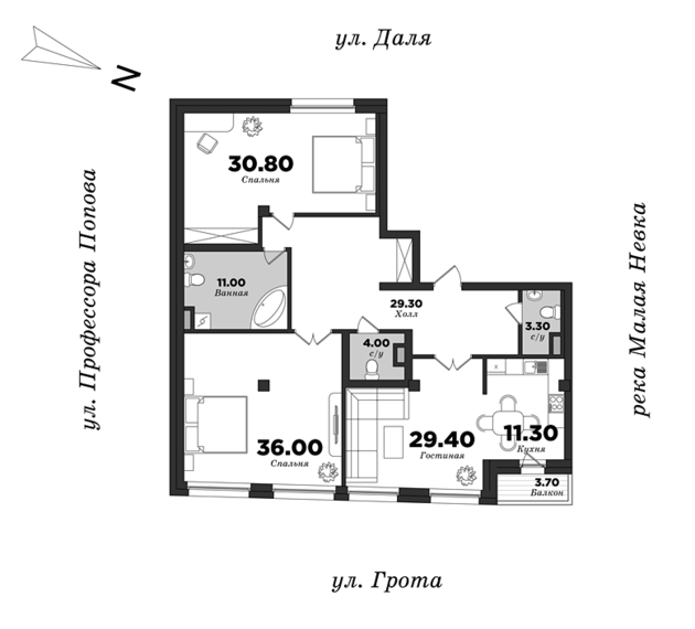 Дом на улице Грота, Корпус 1, 2 спальни, 157.7 м² | планировка элитных квартир Санкт-Петербурга | М16